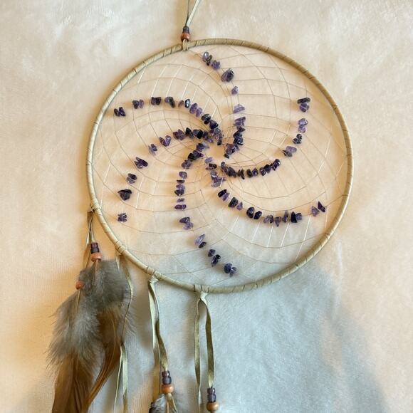 Feather Spiral Dream Catcher Handmade Amethyst Stone Boho Wall Hanging 26" Long - Picture 2 of 5